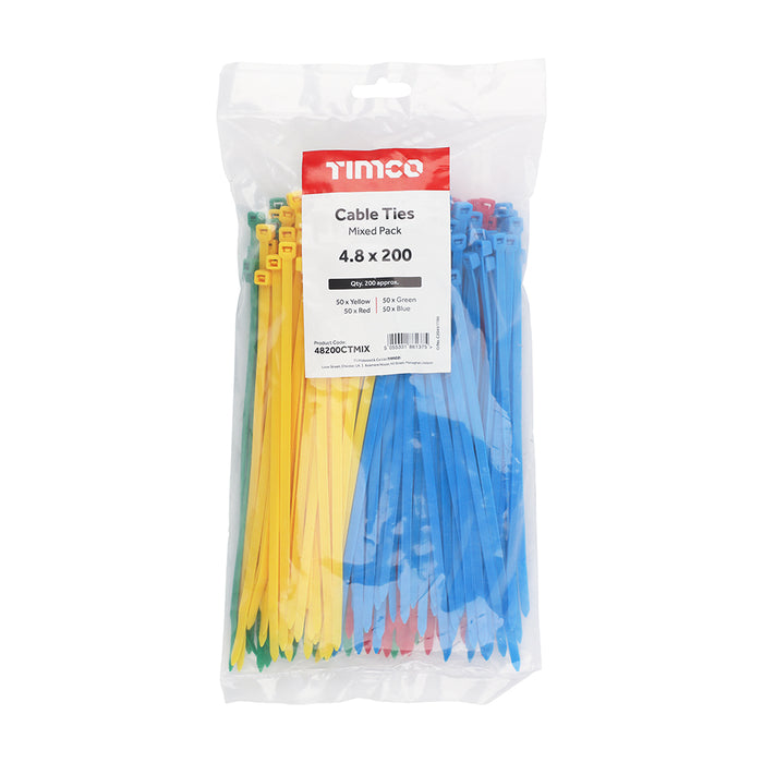 Cable Ties Mixed Colours Nylon to secure wires cables and hoses - 4.8 x 200