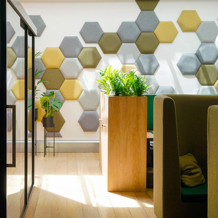 Acusorb® Tessuto Rapida - Hexagon, Quick Fit, Fabric Covered, Self Adhesive Backed Acoustic Panel, 40mm Thick.